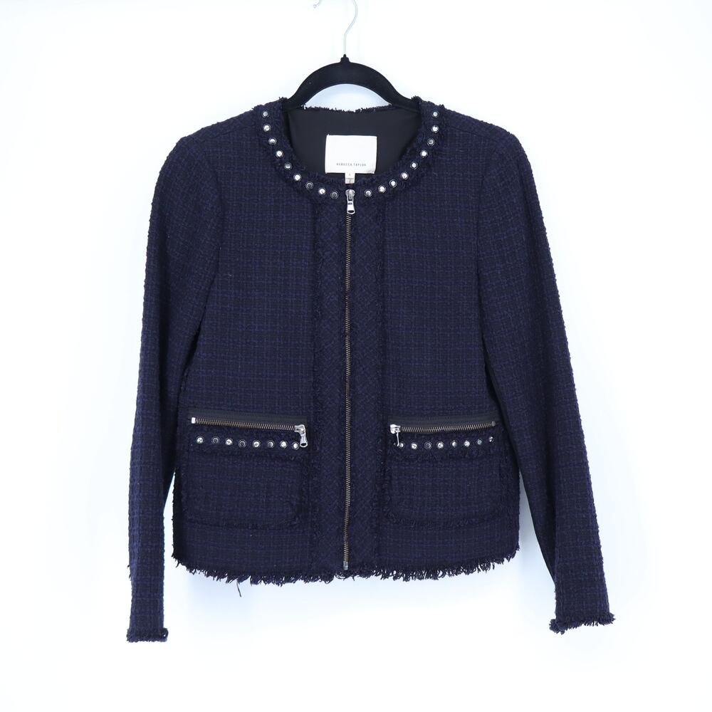Rebecca Taylor Zip Up Tweed Jacket Navy Embellished Trim Blazer Women's 4